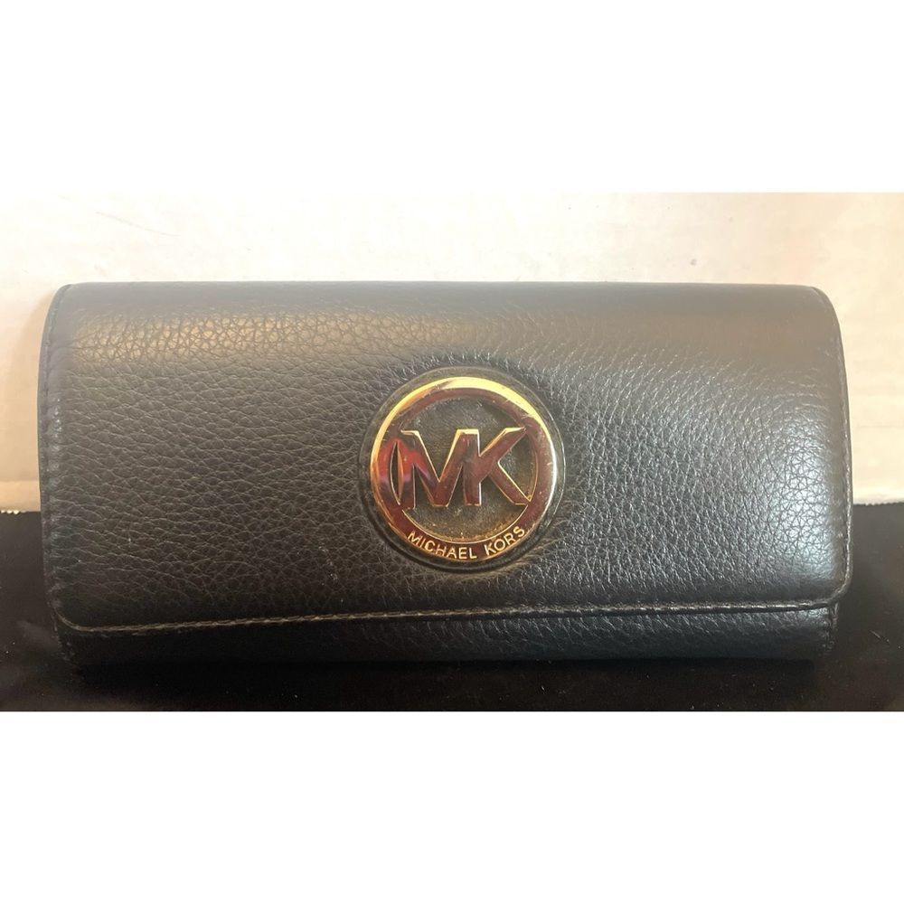 Michael Kors Fulton Pebble Leather Wallet Flap Continental Black 8x4in MK Logo